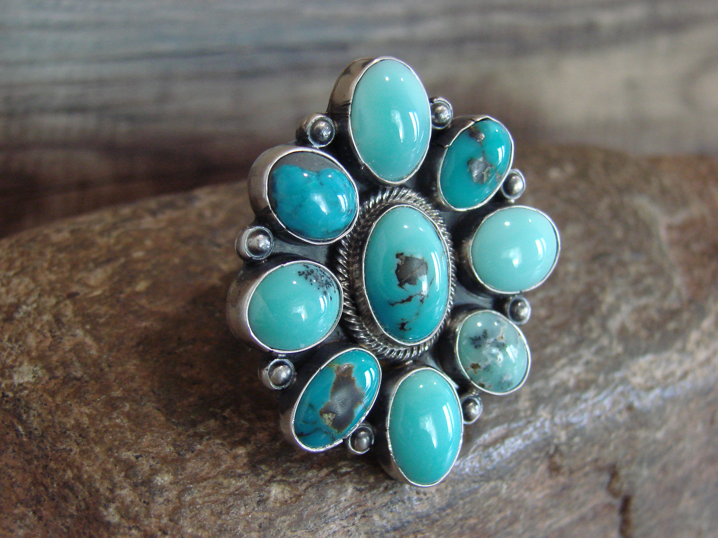 Native American Sterling Silver & Turquoise Cluster Ring by Hoskie - Size 6.5