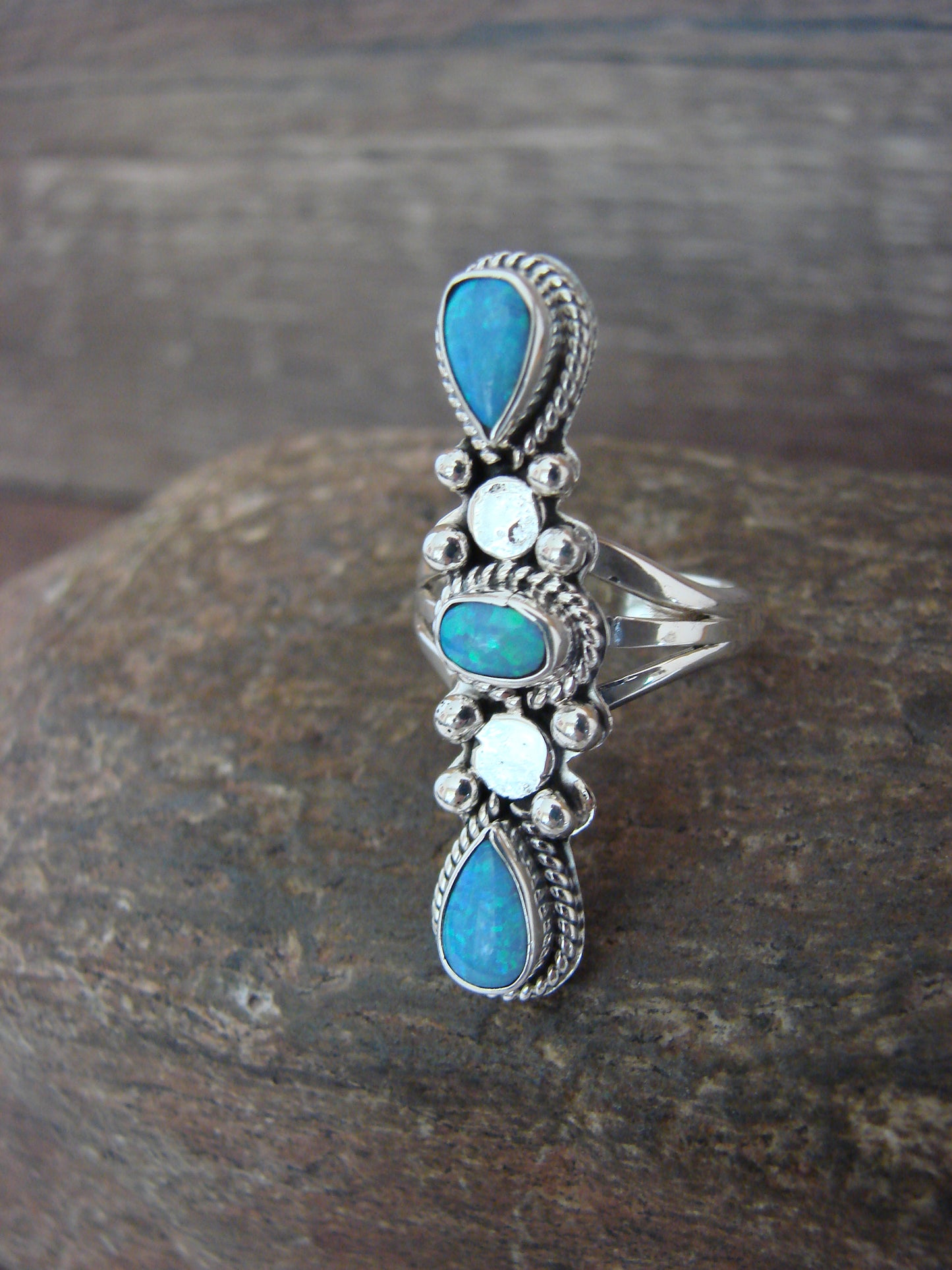 Native American Indian Sterling Silver Blue Opal Row Ring -Yazzie - Size 6