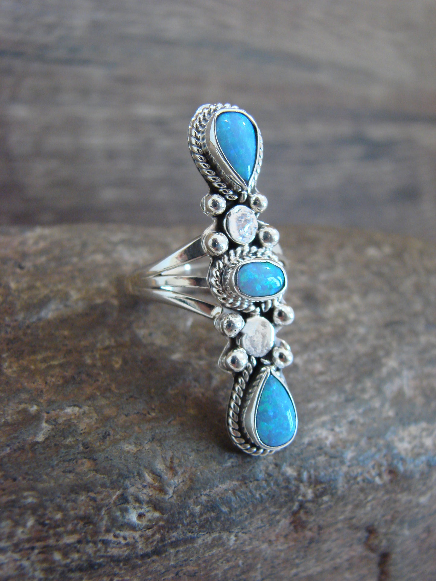 Native American Indian Sterling Silver Blue Opal Row Ring -Yazzie - Size 6