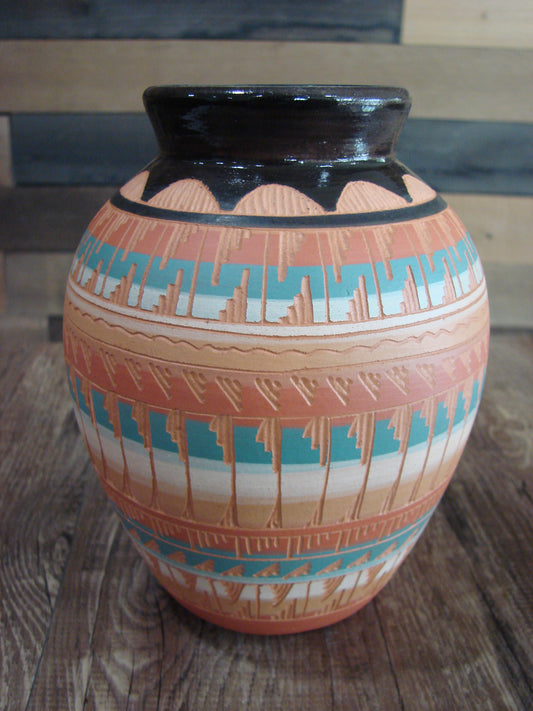 Native American Navajo Hand Etched & Painted Ginger Jar Pottery - Gilmore