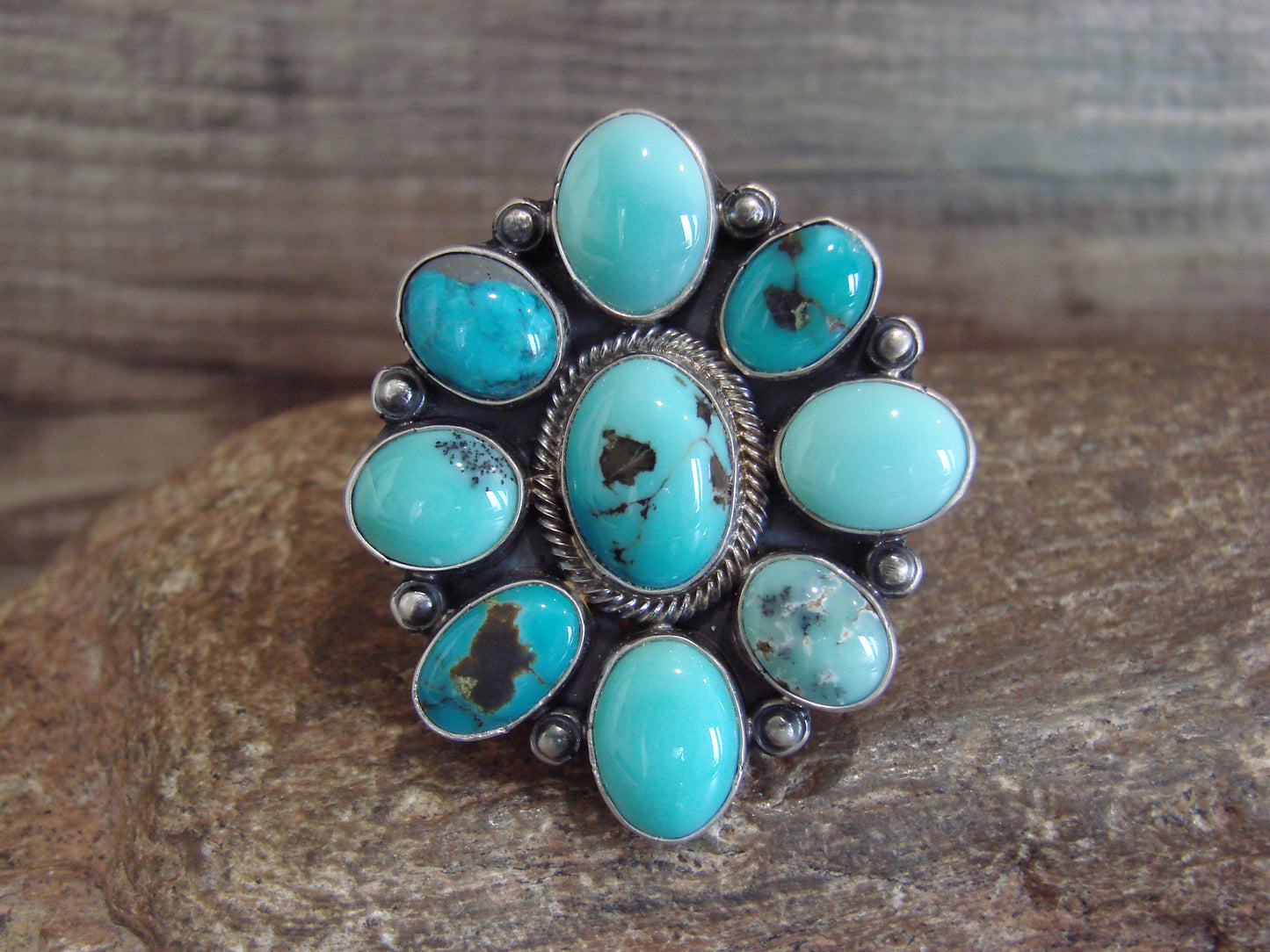 Native American Sterling Silver & Turquoise Cluster Ring by Hoskie - Size 6.5