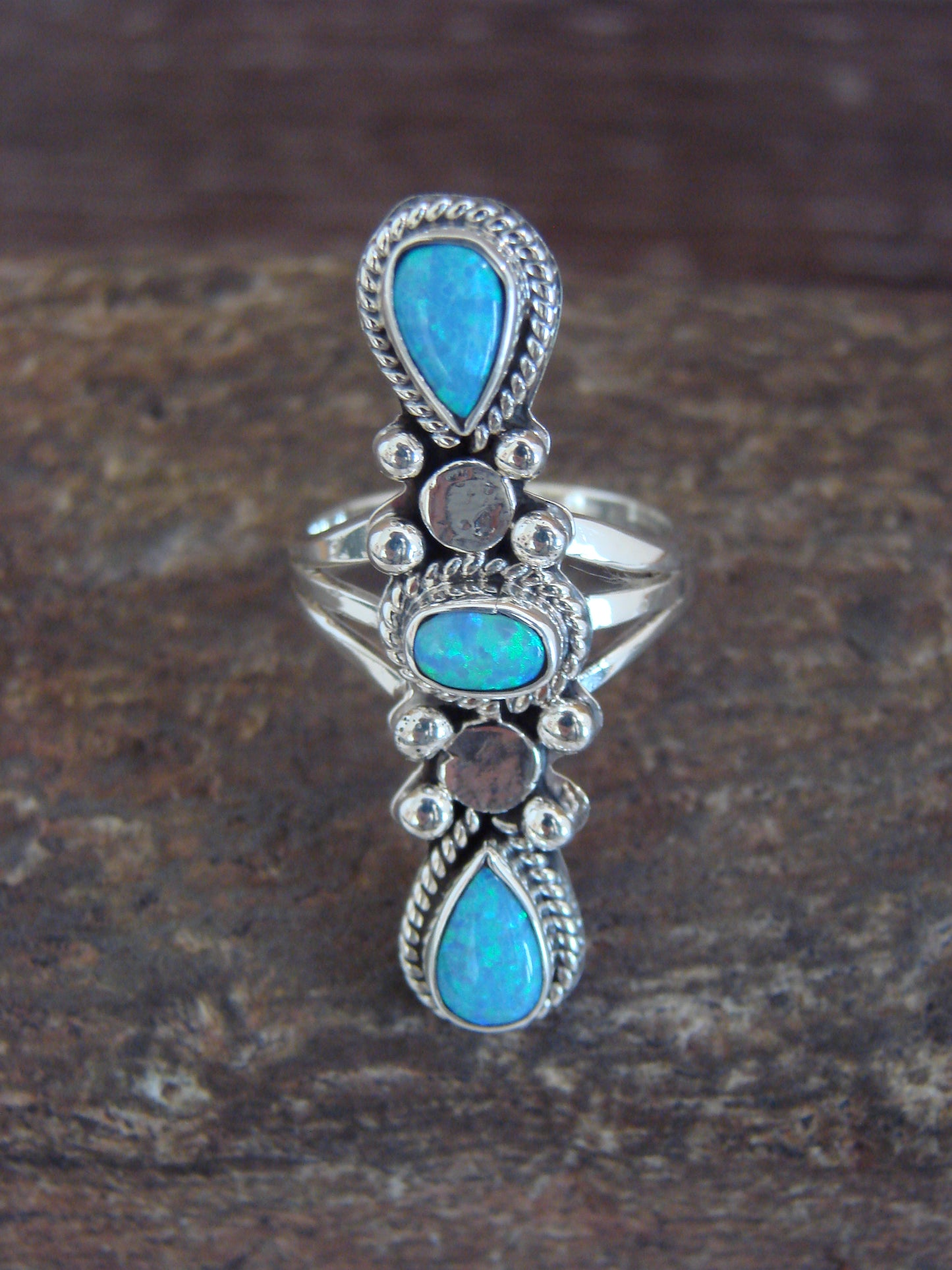 Native American Indian Sterling Silver Blue Opal Row Ring -Yazzie - Size 6