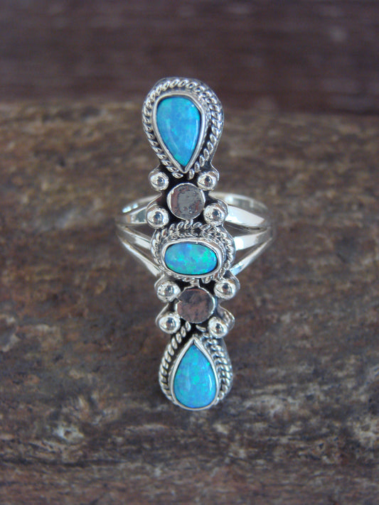 Native American Indian Sterling Silver Blue Opal Row Ring -Yazzie - Size 5.5