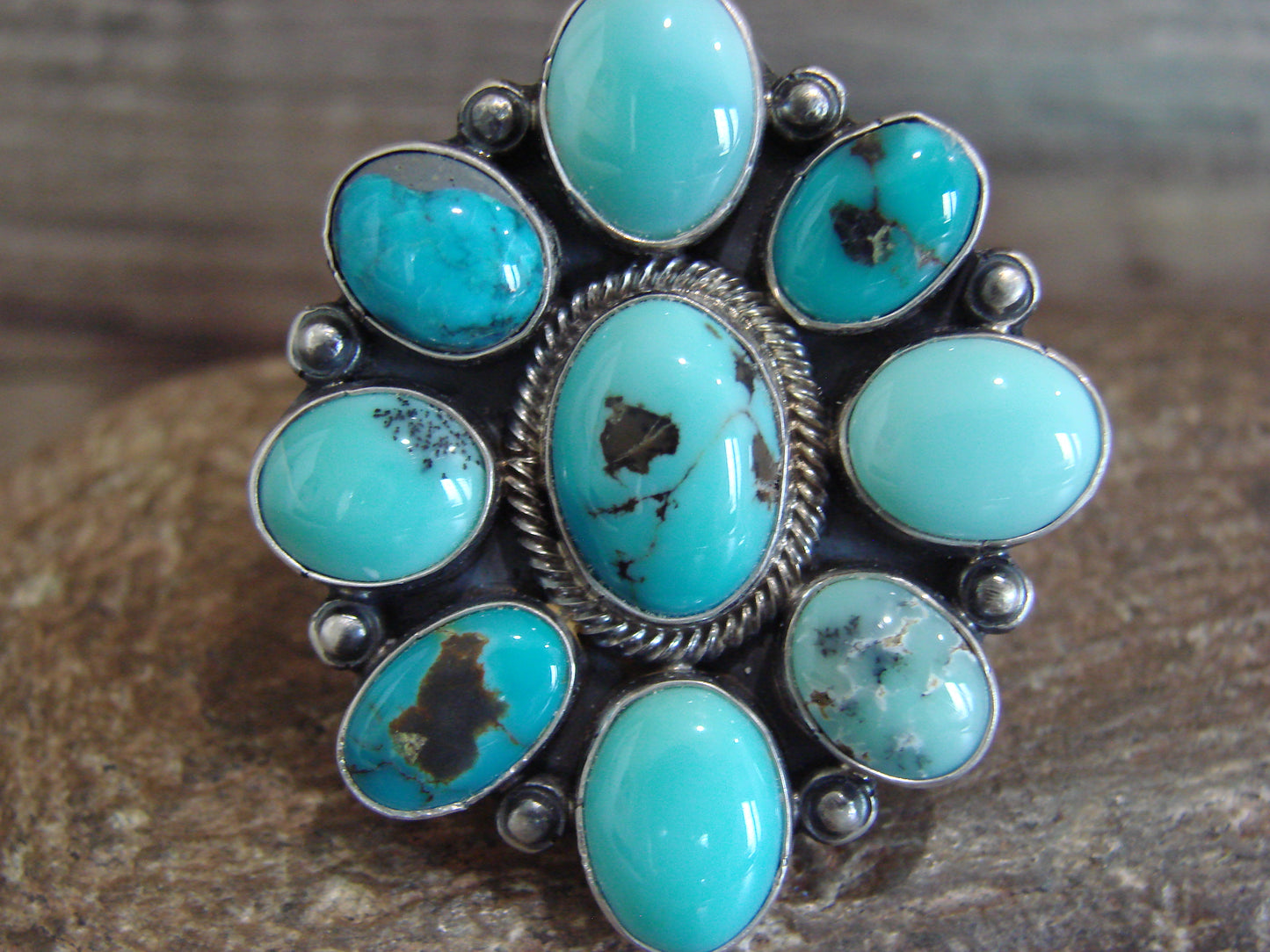 Native American Sterling Silver & Turquoise Cluster Ring by Hoskie - Size 6.5