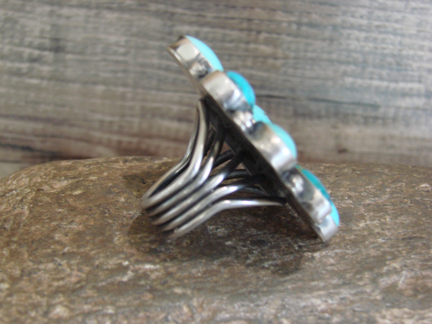 Native American Sterling Silver & Turquoise Cluster Ring by Hoskie - Size 6.5