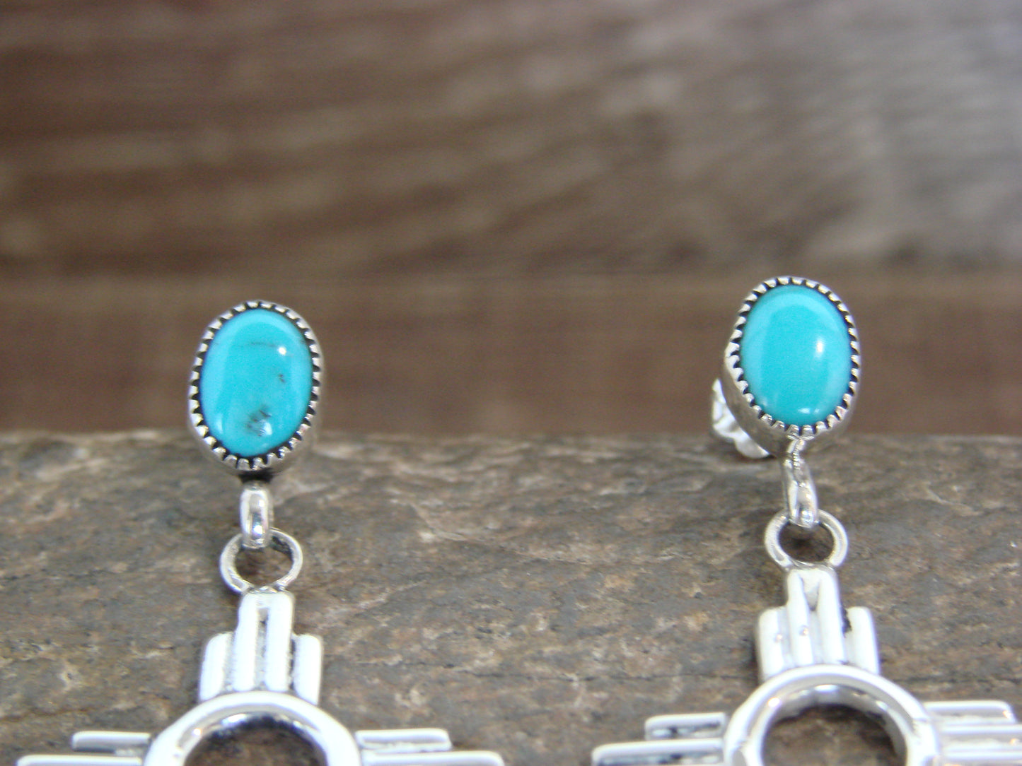 Native American Sterling Silver & Turquoise Zia Post Dangle Earrings - Benally