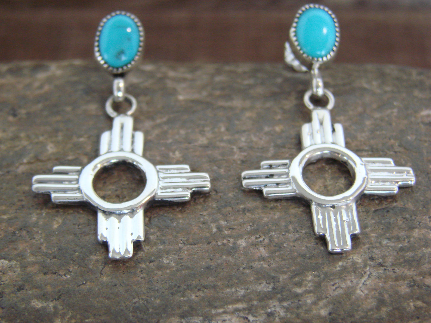 Native American Sterling Silver & Turquoise Zia Post Dangle Earrings - Benally