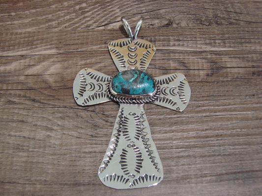 Navajo Indian Nickel Silver & Turquoise Cross Pendant - Cleveland