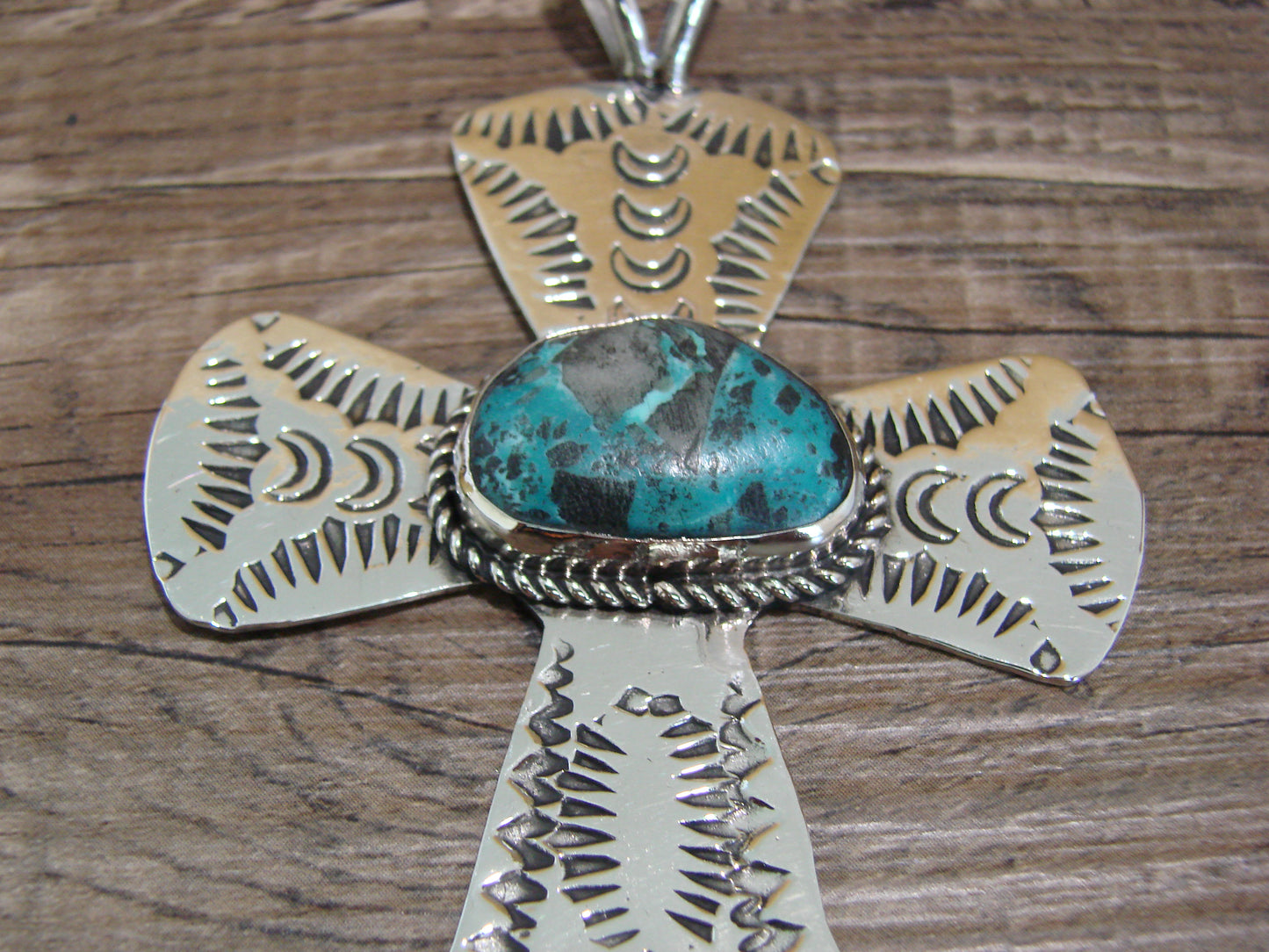 Navajo Indian Nickel Silver & Turquoise Cross Pendant - Cleveland