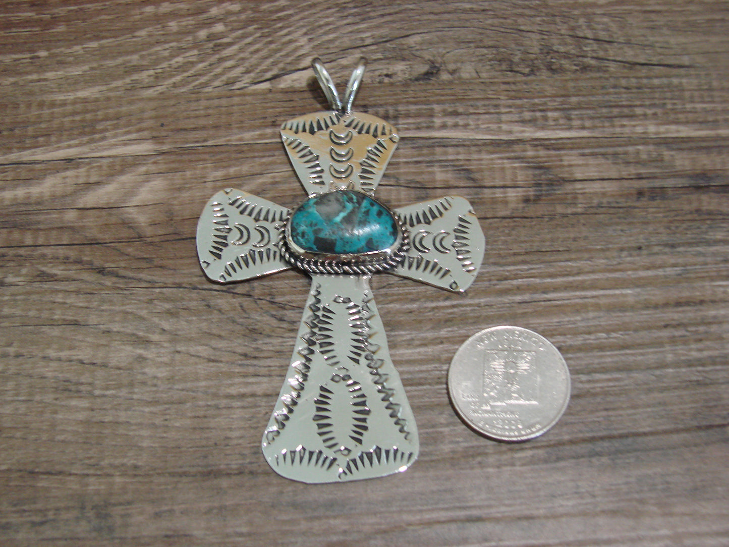 Navajo Indian Nickel Silver & Turquoise Cross Pendant - Cleveland