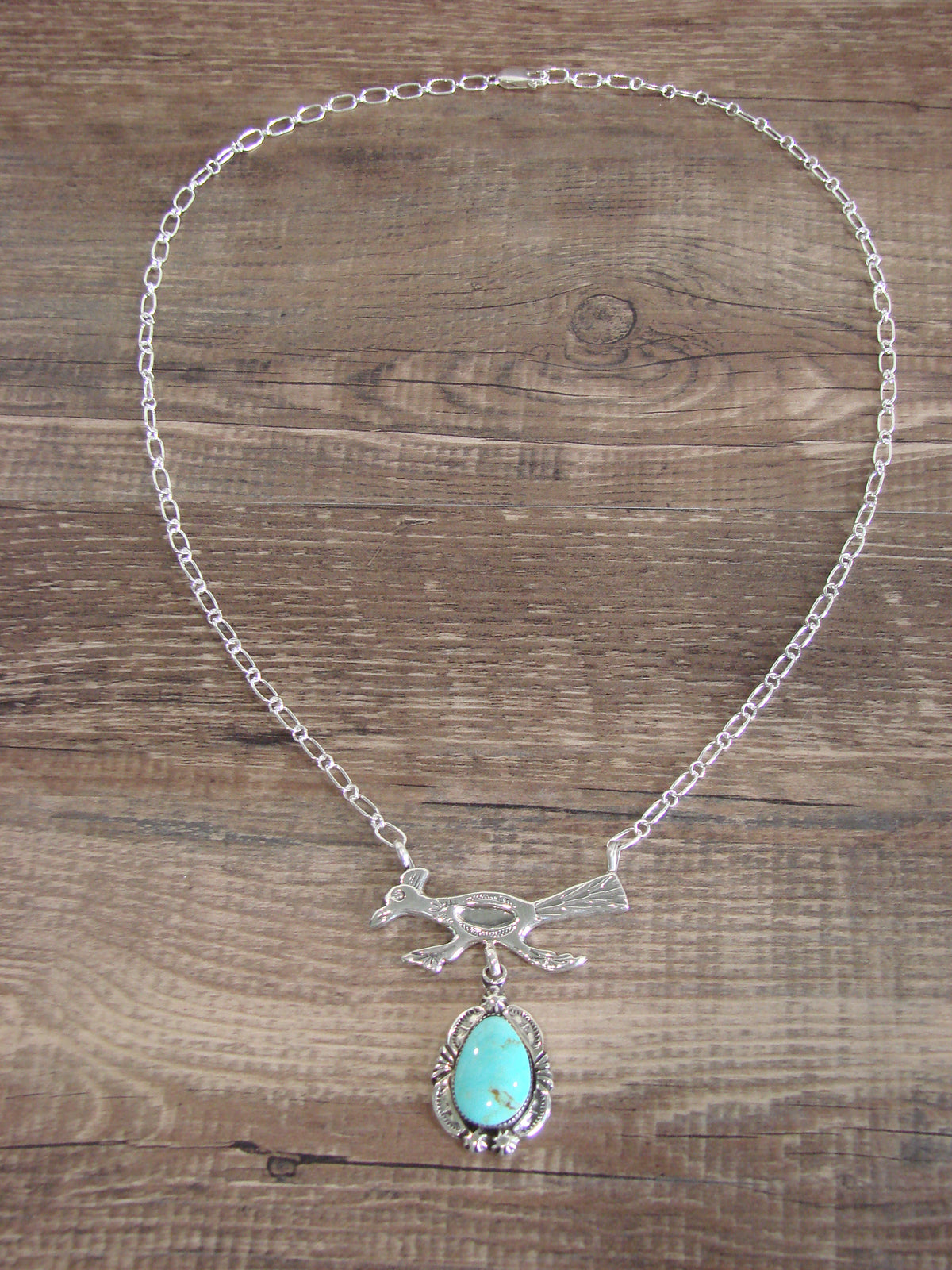 Native American Sterling Silver & Turquoise Roadrunner Link Necklace - Yazzie