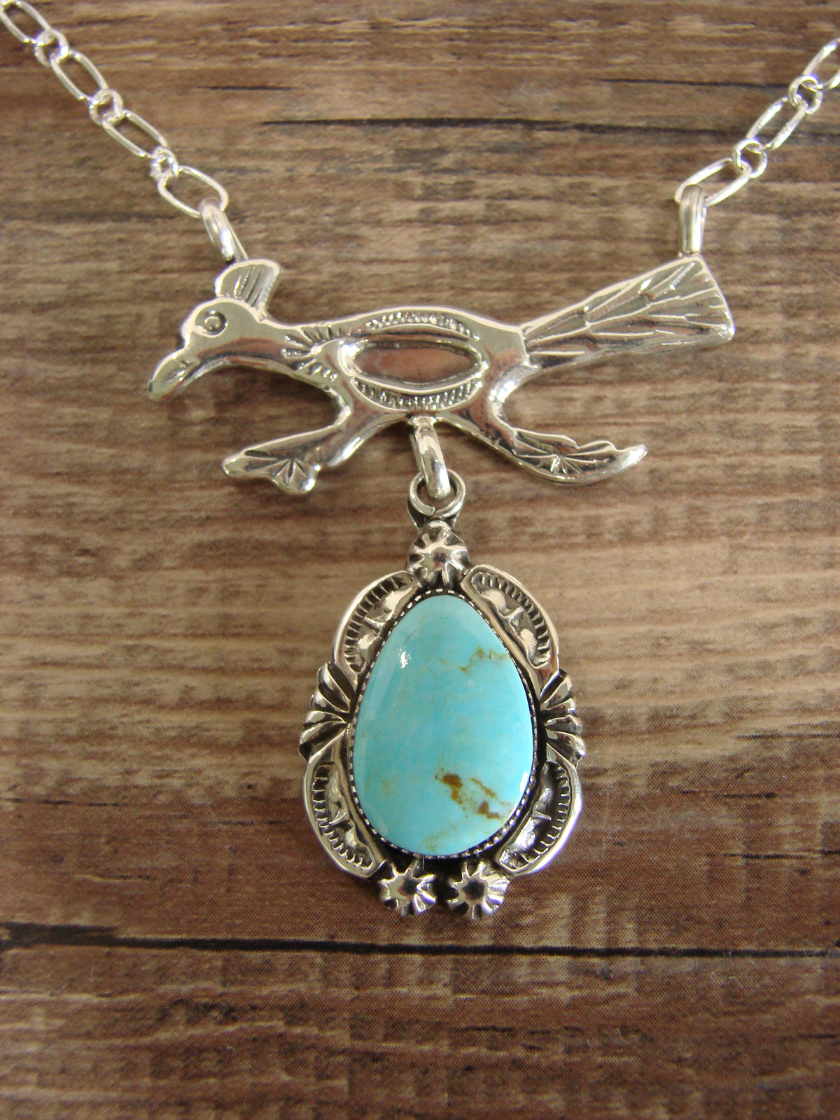 Native American Sterling Silver & Turquoise Roadrunner Link Necklace - Yazzie