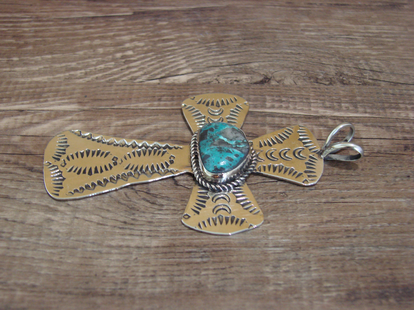Navajo Indian Nickel Silver & Turquoise Cross Pendant - Cleveland