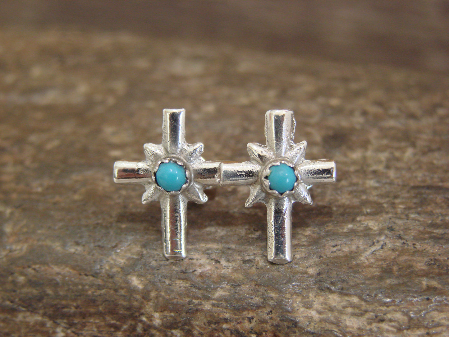 Native American Sterling Silver & Turquoise Cross Stud Post Earrings - Bitsie