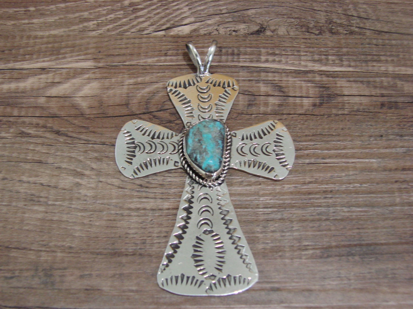 Navajo Indian Nickel Silver & Turquoise Cross Pendant - Cleveland