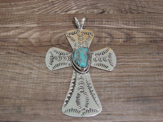 Navajo Indian Nickel Silver & Turquoise Cross Pendant - Cleveland