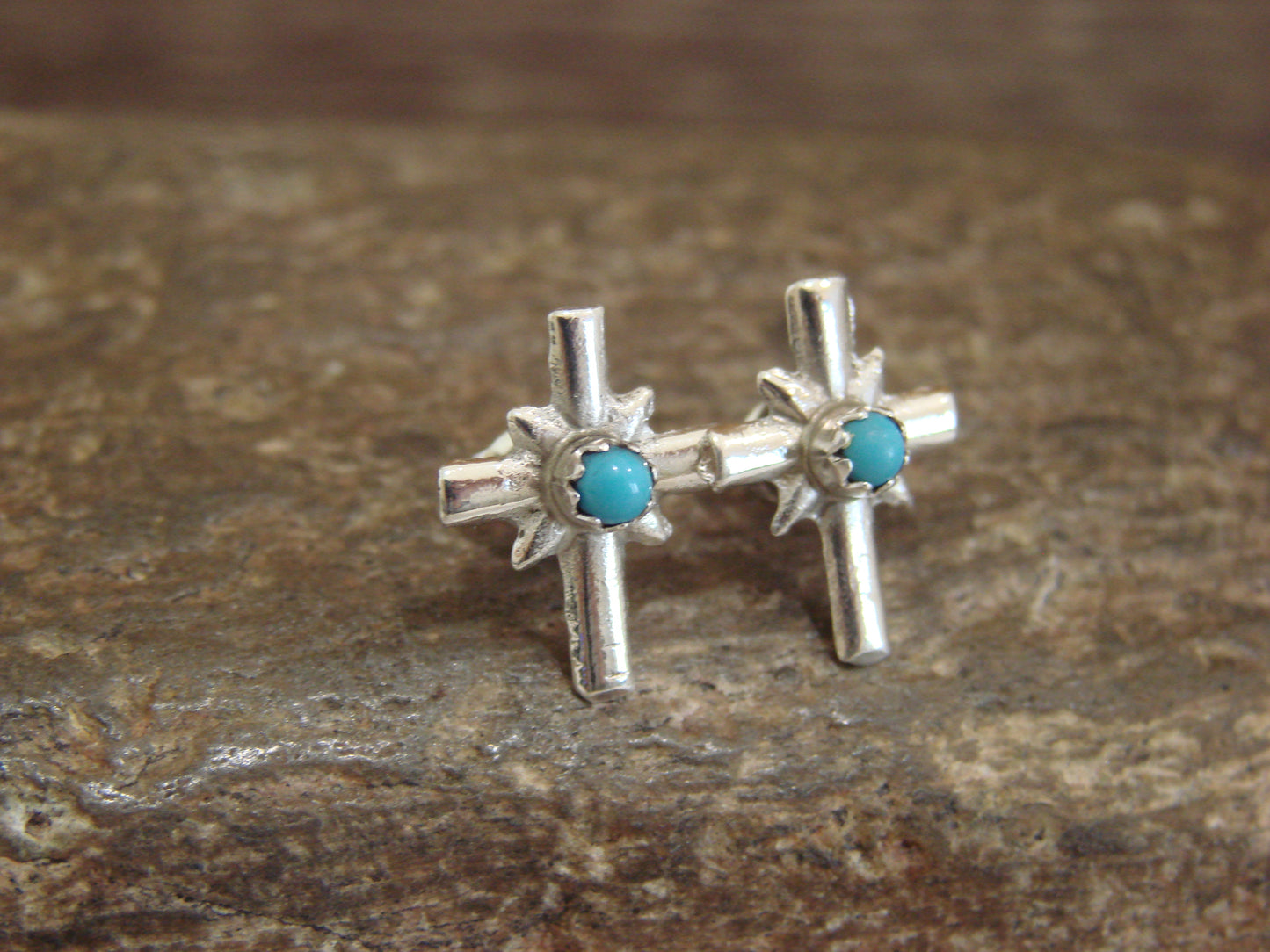 Native American Sterling Silver & Turquoise Cross Stud Post Earrings - Bitsie