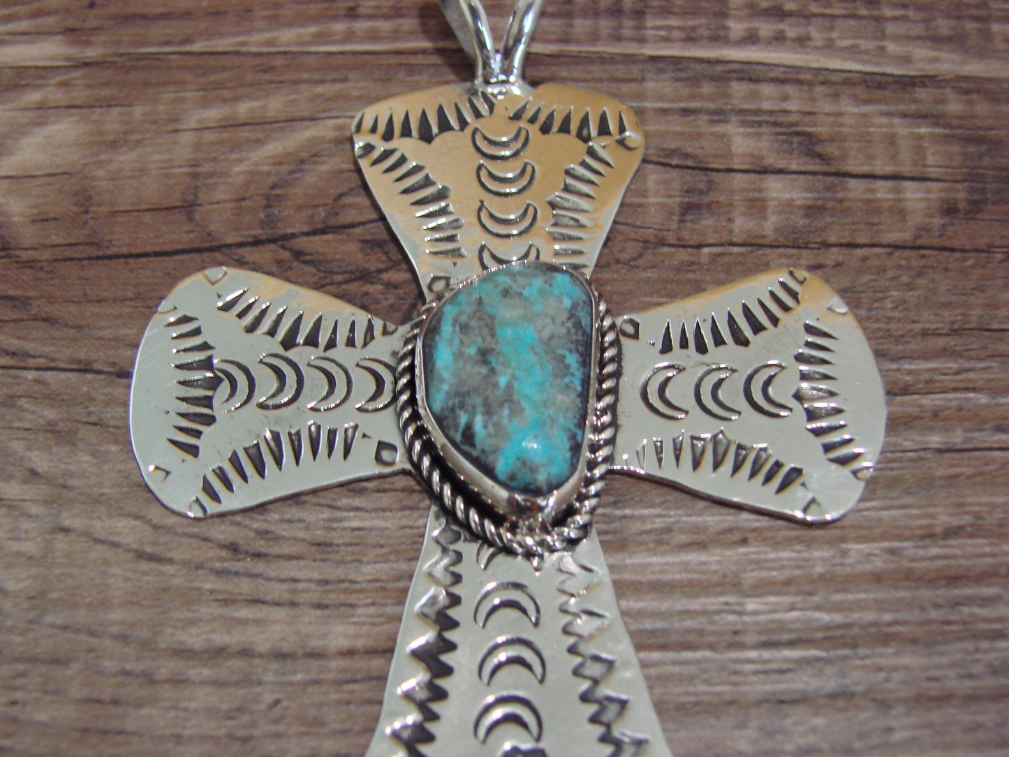Navajo Indian Nickel Silver & Turquoise Cross Pendant - Cleveland