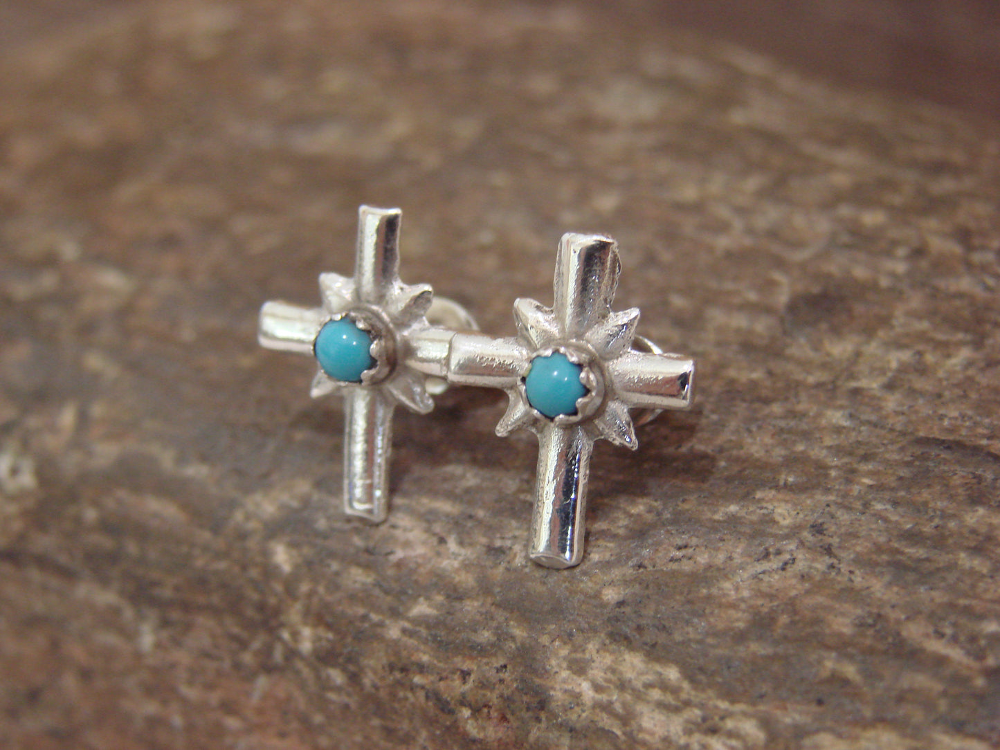 Native American Sterling Silver & Turquoise Cross Stud Post Earrings - Bitsie