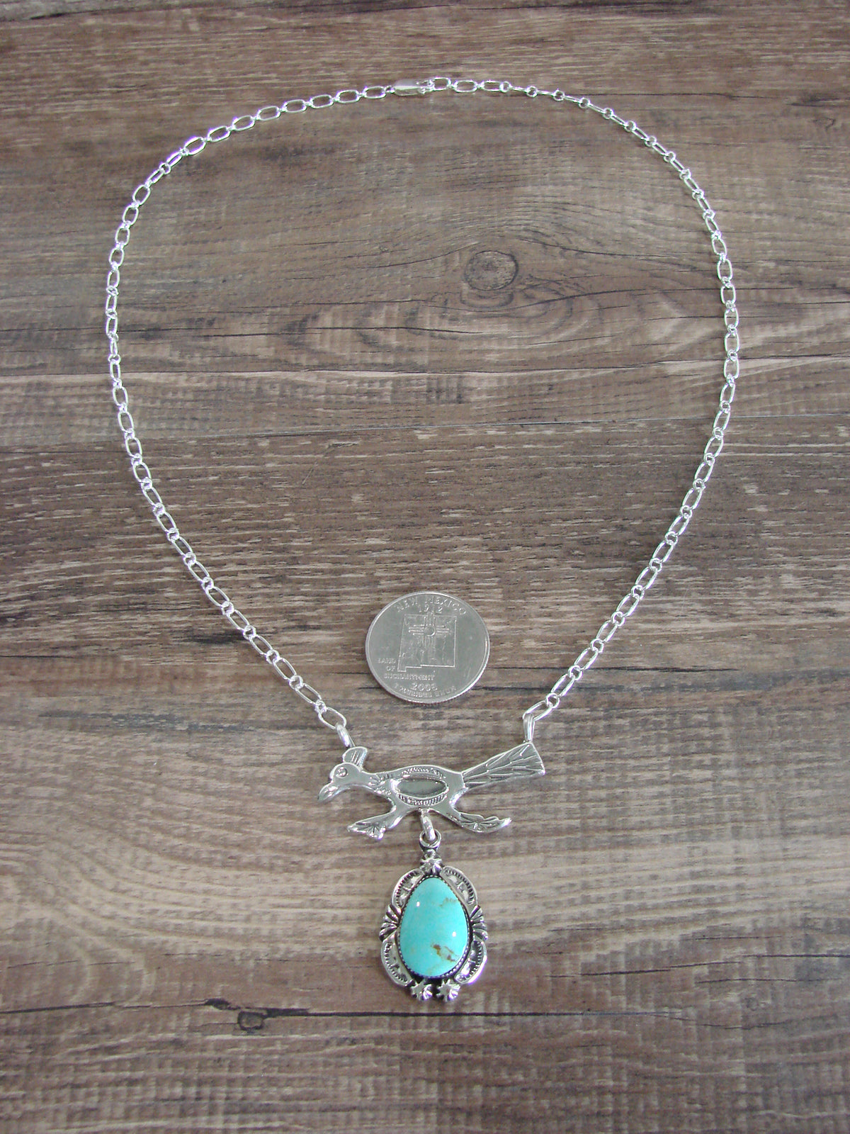 Native American Sterling Silver & Turquoise Roadrunner Link Necklace - Yazzie
