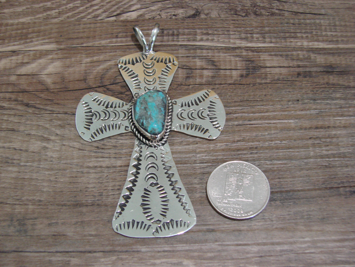 Navajo Indian Nickel Silver & Turquoise Cross Pendant - Cleveland