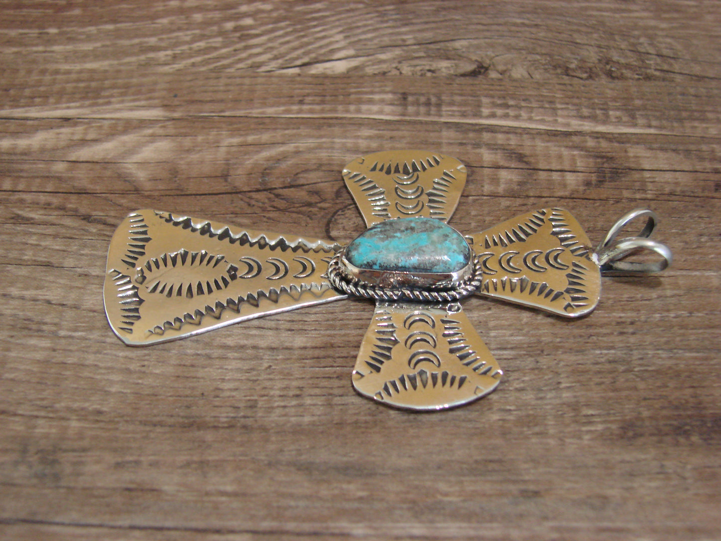 Navajo Indian Nickel Silver & Turquoise Cross Pendant - Cleveland