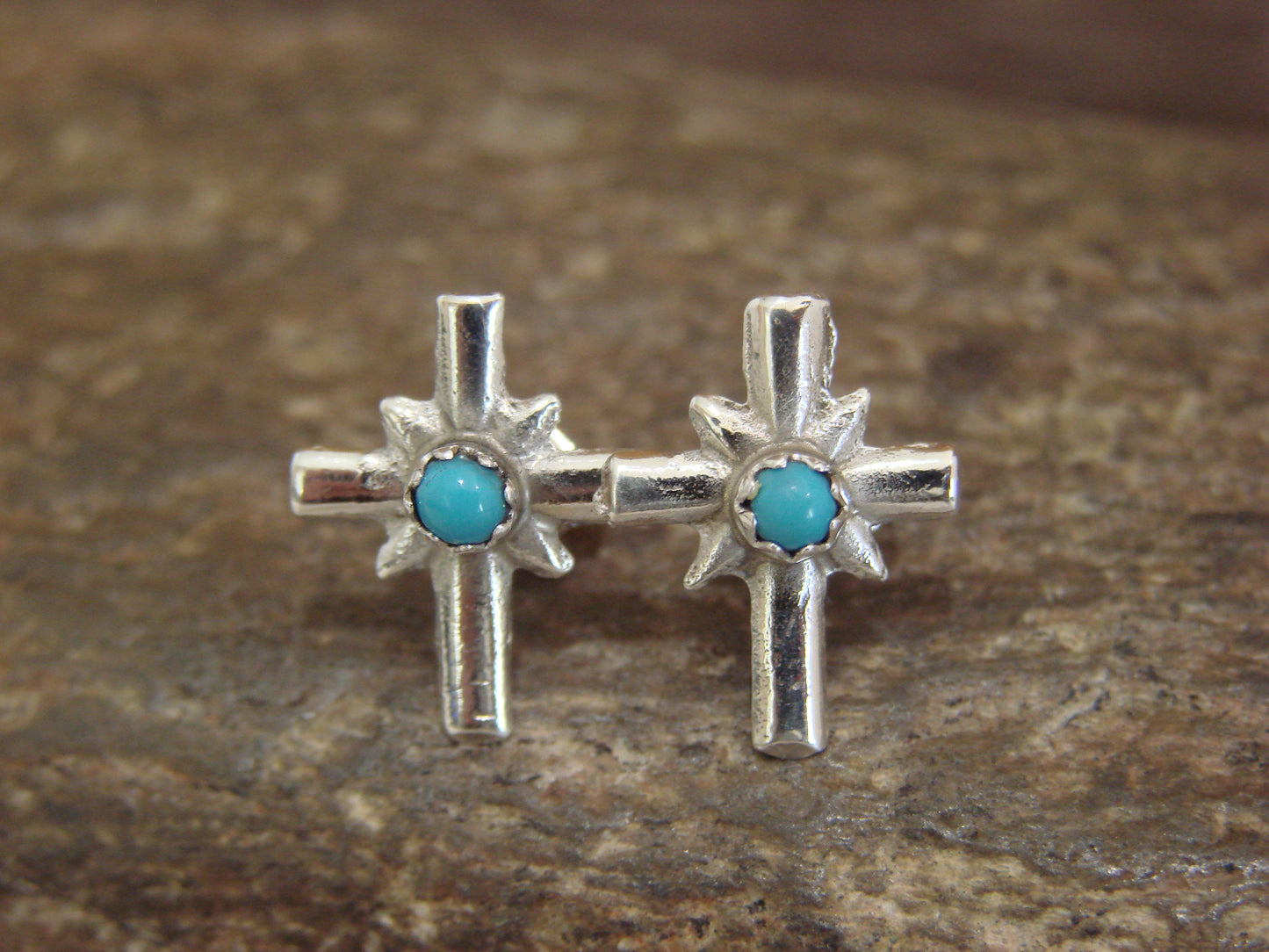 Native American Sterling Silver & Turquoise Cross Stud Post Earrings - Bitsie