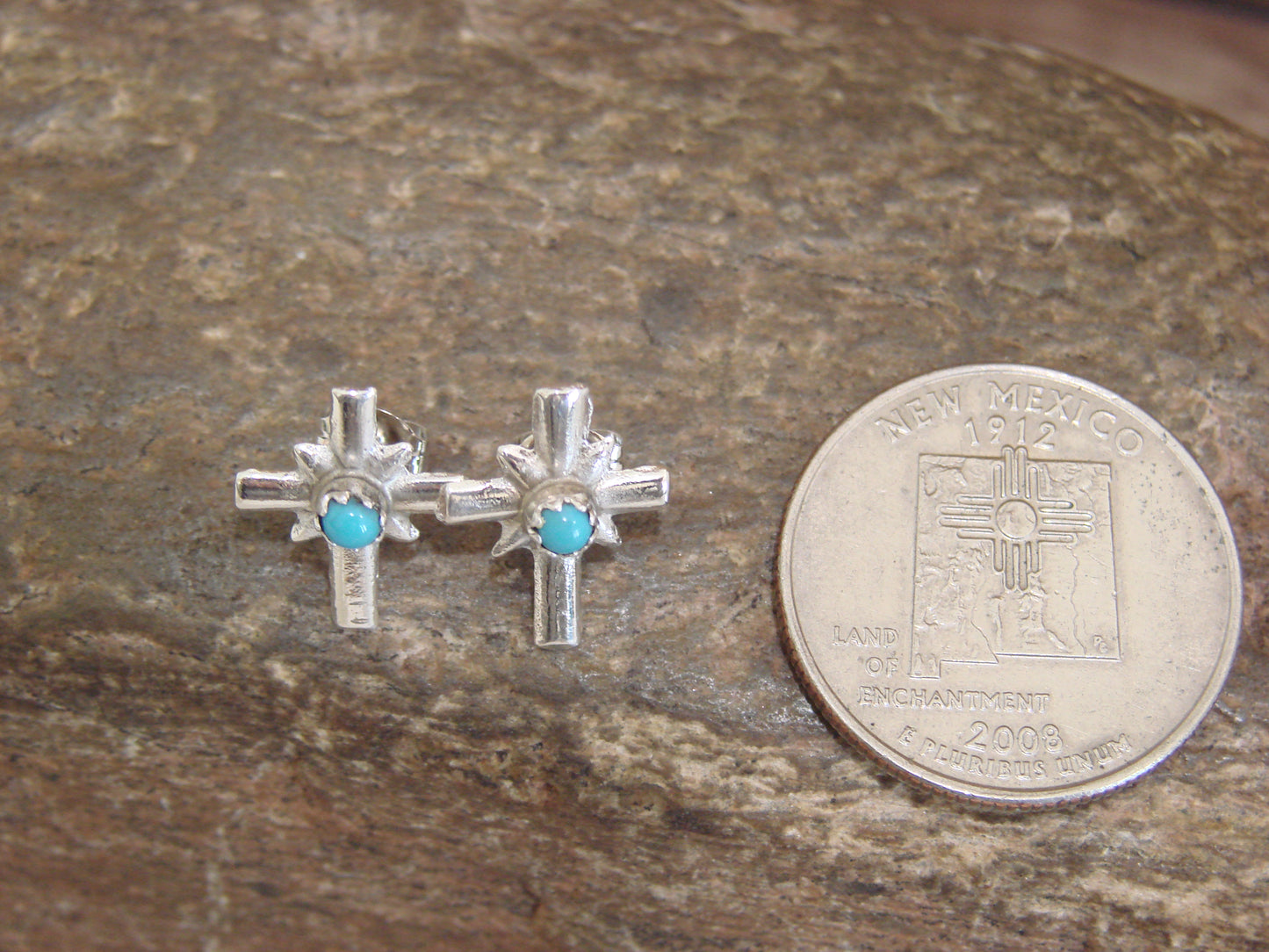 Native American Sterling Silver & Turquoise Cross Stud Post Earrings - Bitsie