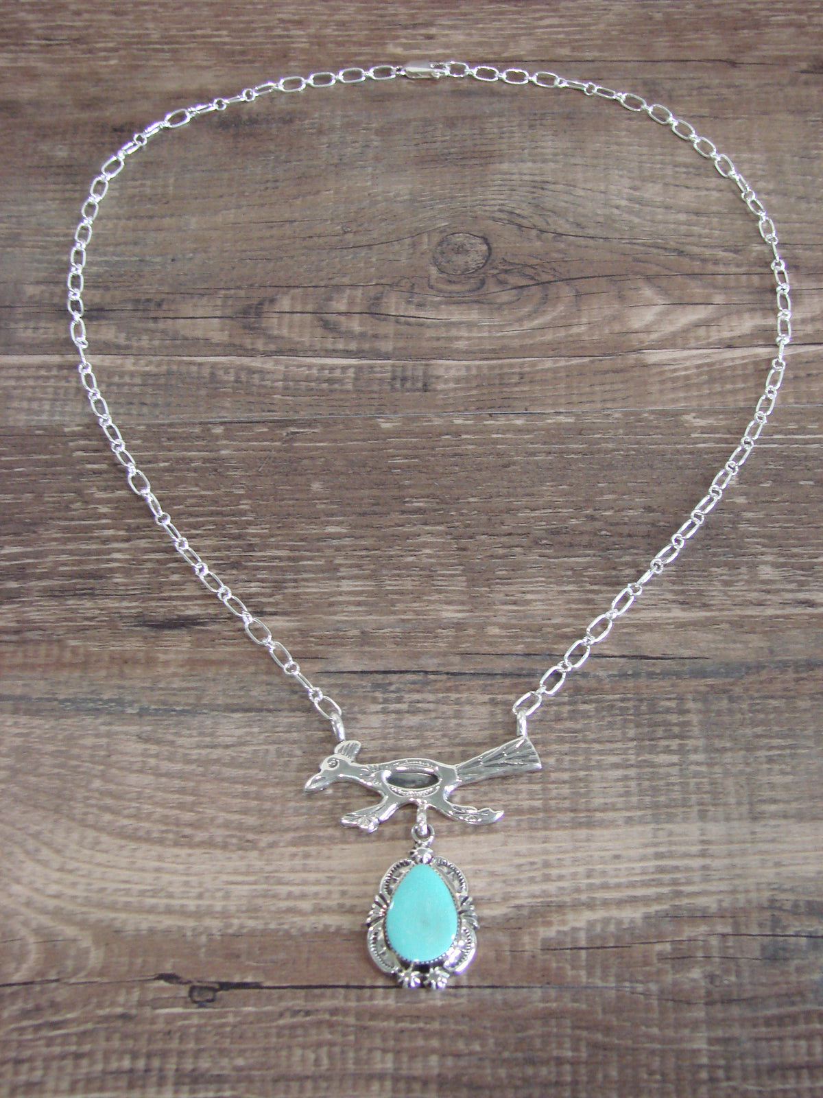 Native American Sterling Silver & Turquoise Roadrunner Link Necklace - Yazzie