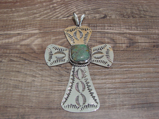 Navajo Indian Nickel Silver & Turquoise Cross Pendant - Cleveland