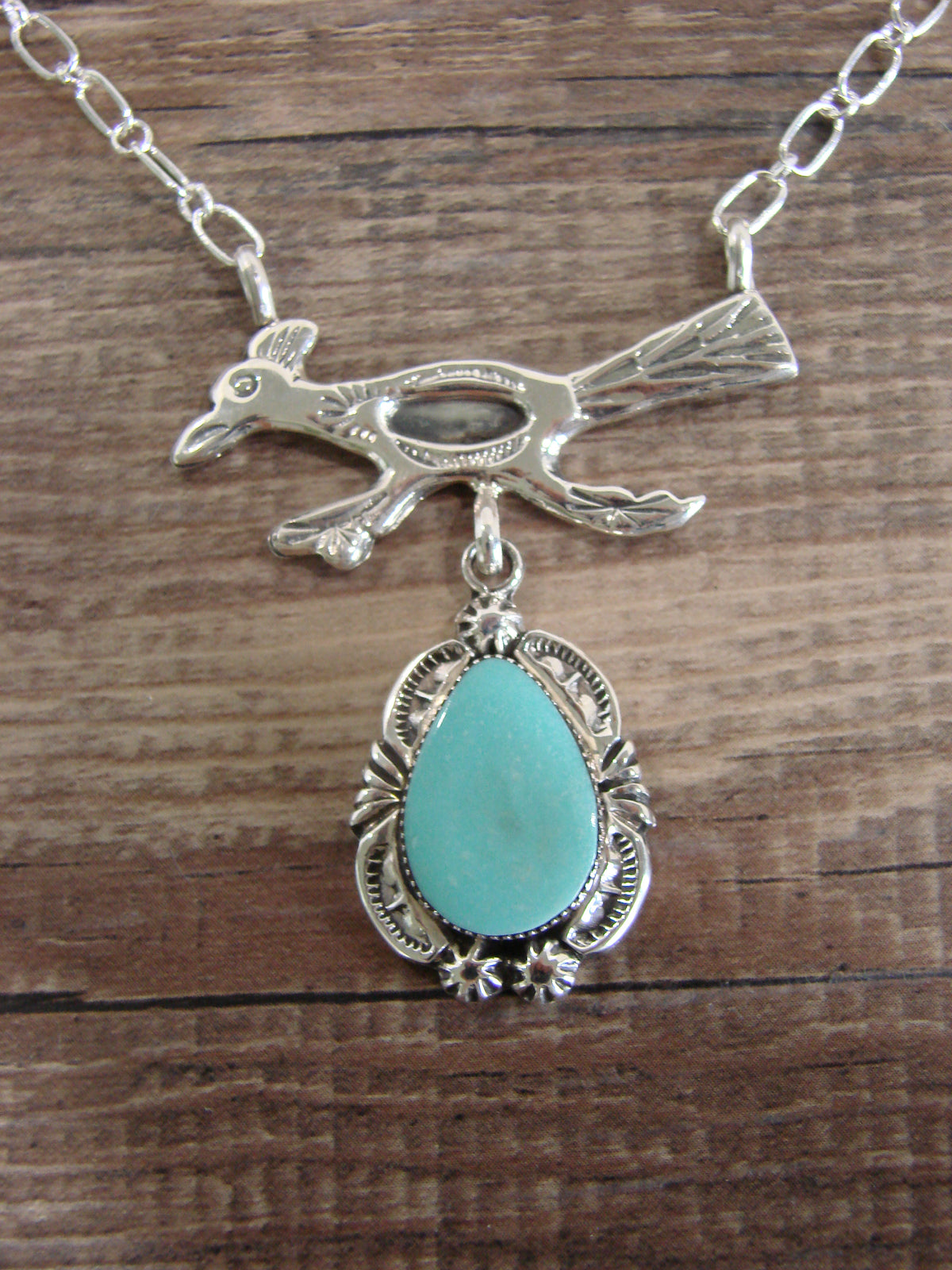 Native American Sterling Silver & Turquoise Roadrunner Link Necklace - Yazzie