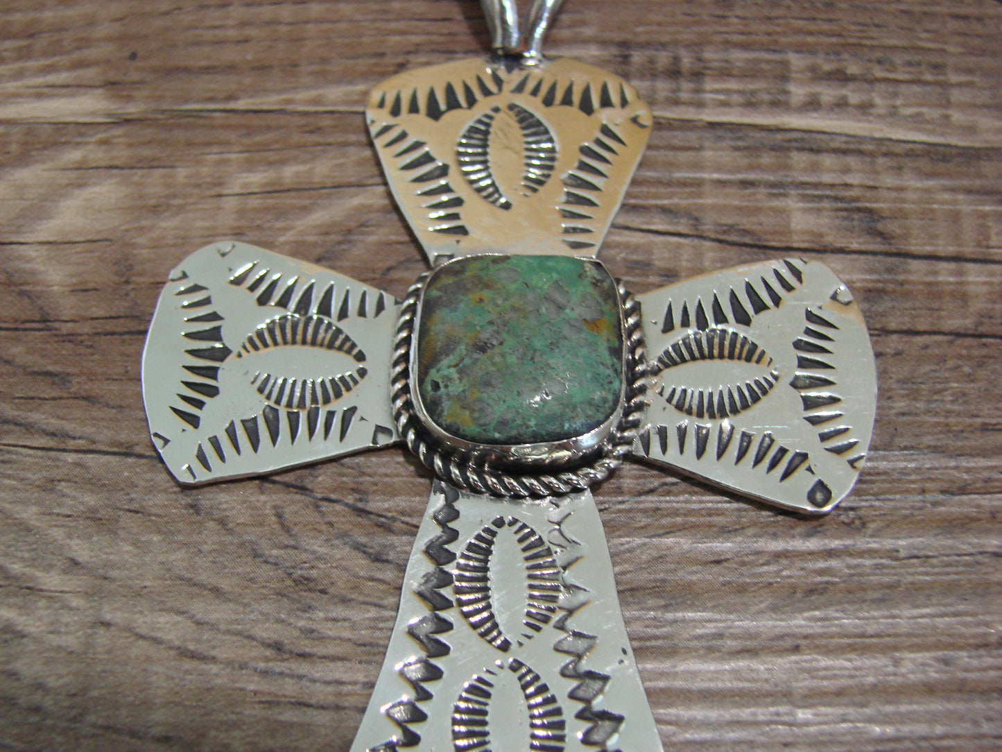 Navajo Indian Nickel Silver & Turquoise Cross Pendant - Cleveland