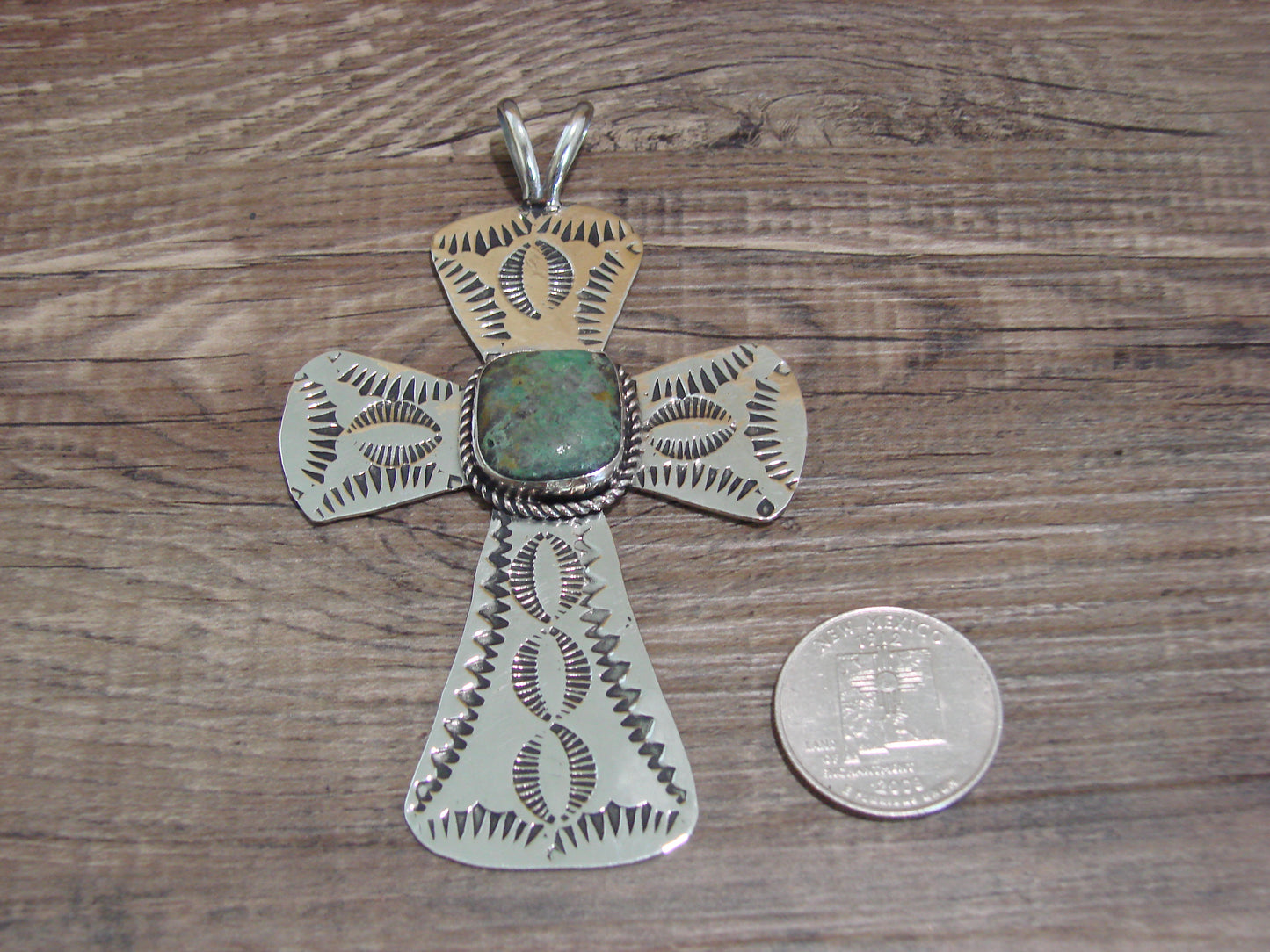 Navajo Indian Nickel Silver & Turquoise Cross Pendant - Cleveland