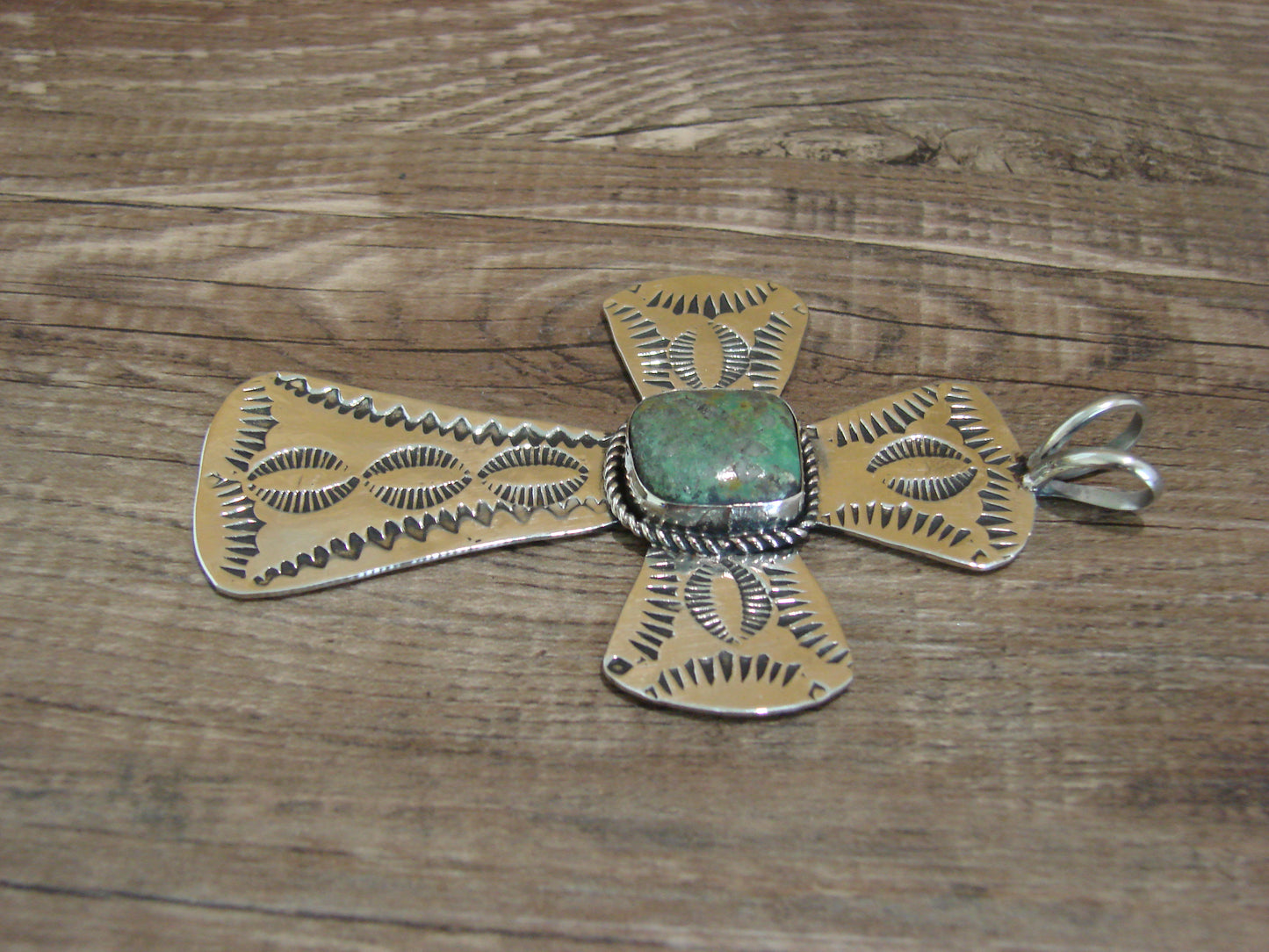 Navajo Indian Nickel Silver & Turquoise Cross Pendant - Cleveland