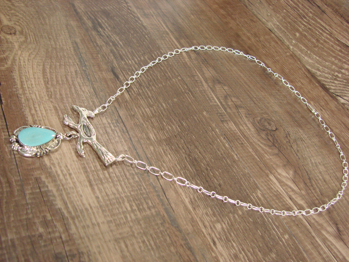 Native American Sterling Silver & Turquoise Roadrunner Link Necklace - Yazzie