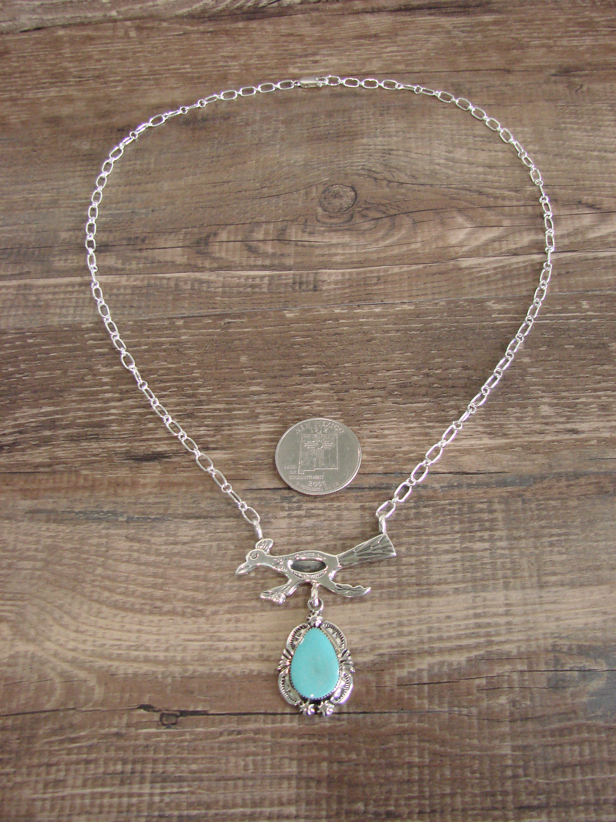 Native American Sterling Silver & Turquoise Roadrunner Link Necklace - Yazzie