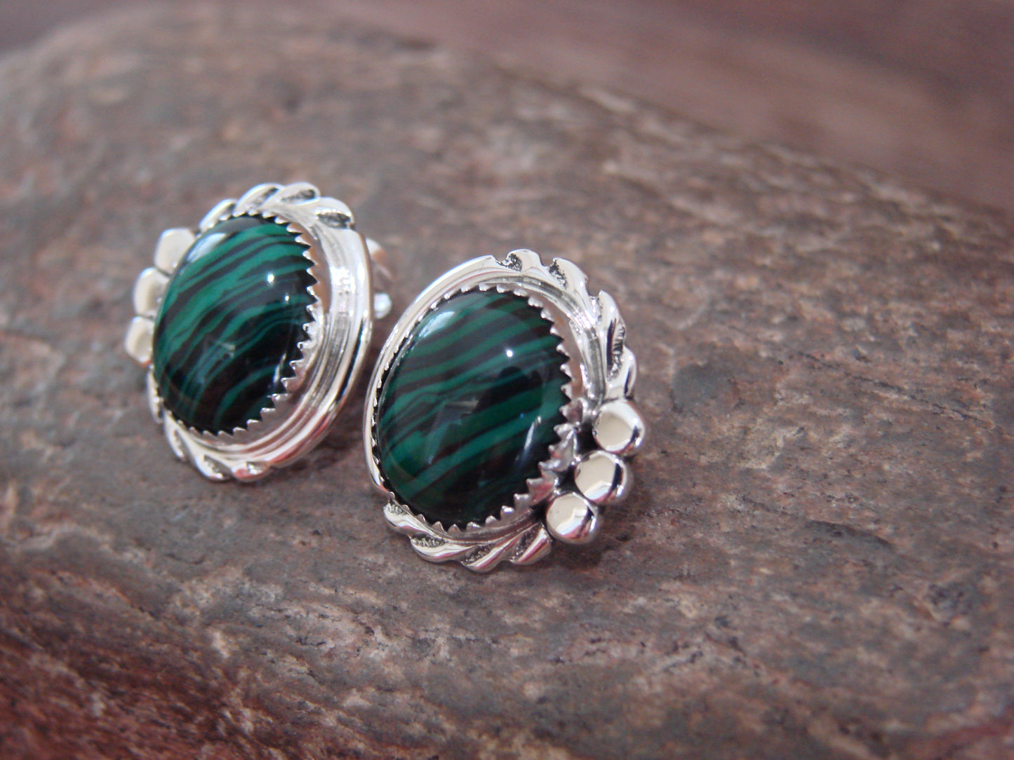 Native American Sterling Silver Malachite Post Earrings by Delores Cadman