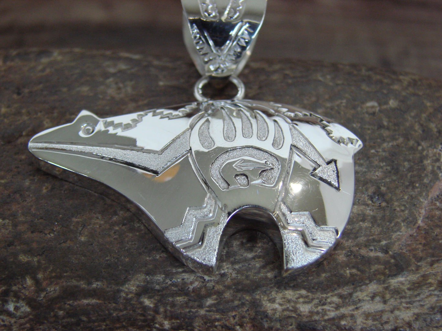 Native American Sterling Silver Heart Line Bear Pendant by Mariano