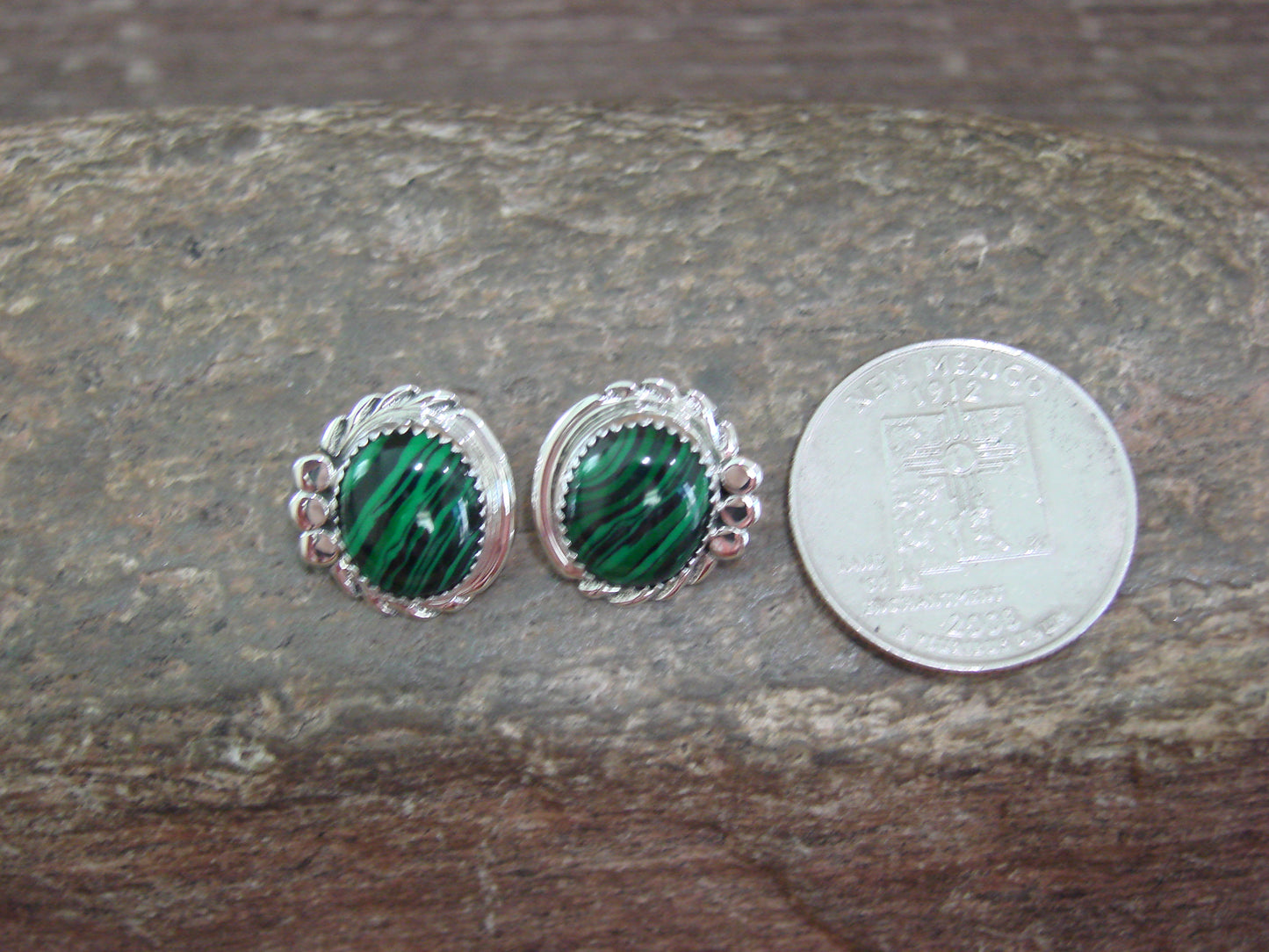 Native American Sterling Silver Malachite Post Earrings by Delores Cadman