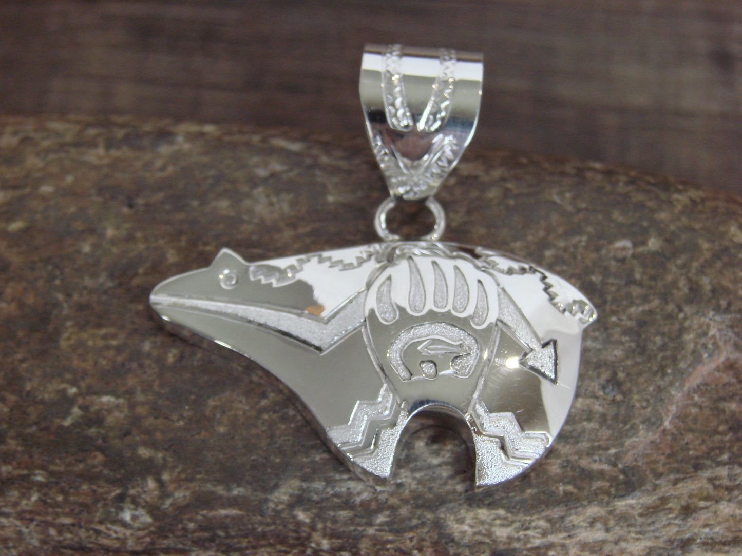 Native American Sterling Silver Heart Line Bear Pendant by Mariano