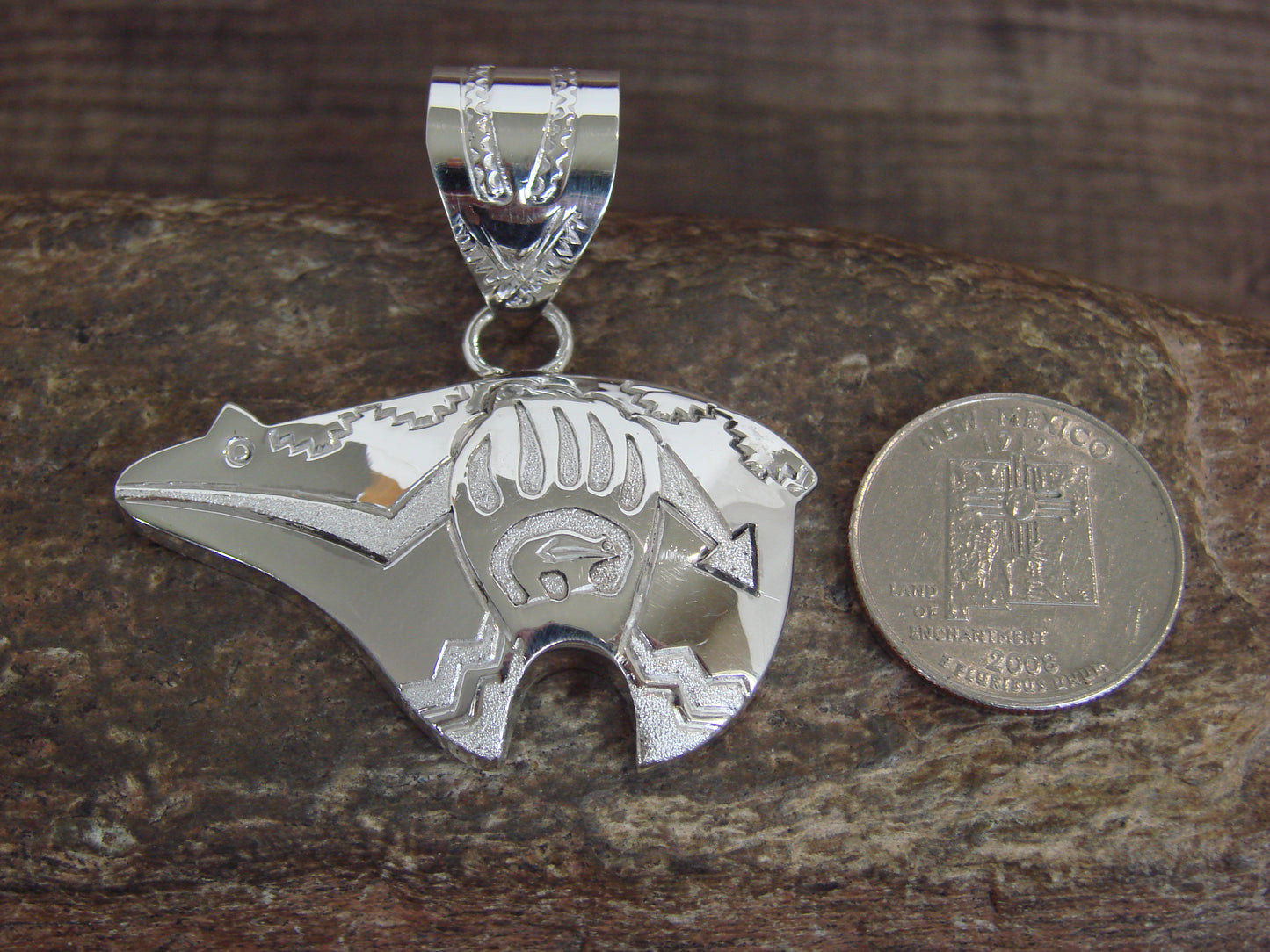 Native American Sterling Silver Heart Line Bear Pendant by Mariano