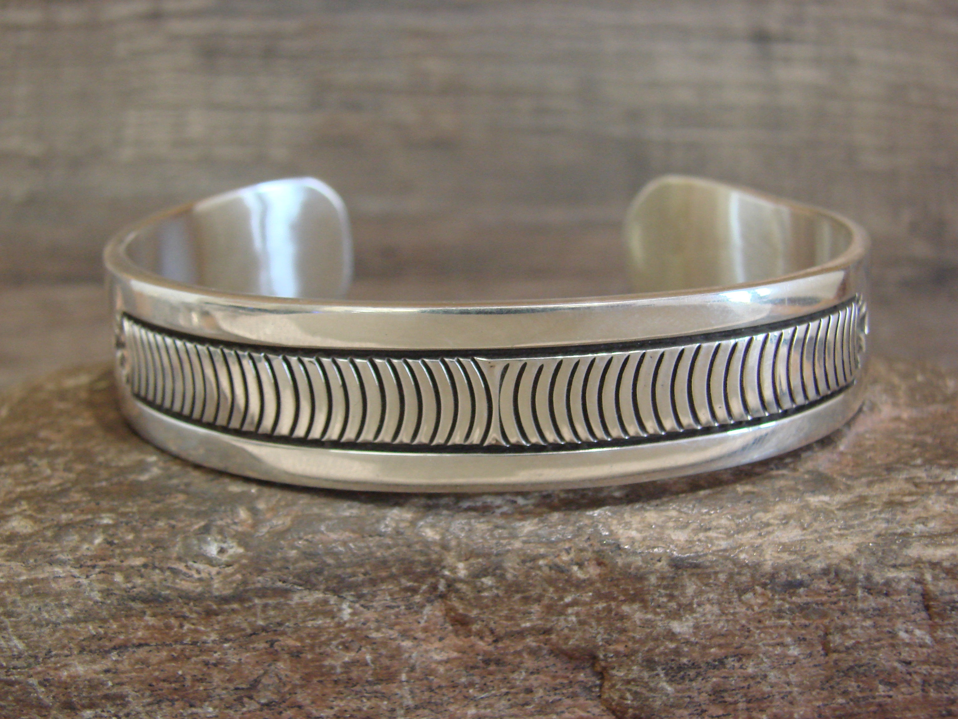 Heavy Native American Hand Stamped Sterling Silver Bracelet Signed