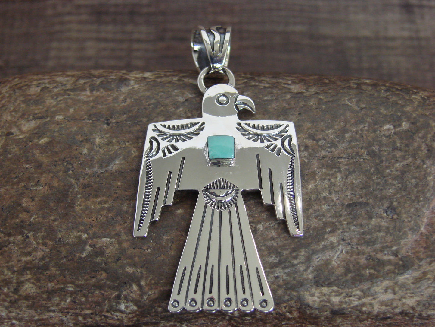 Native American Sterling Silver & Turquoise Thunderbird Pendant by Belin