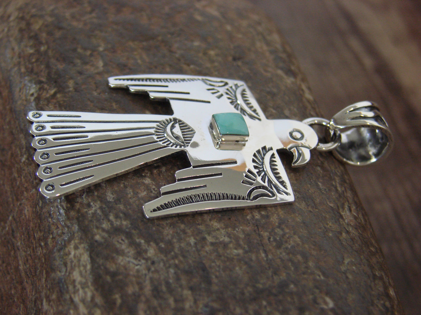 Native American Sterling Silver & Turquoise Thunderbird Pendant by Belin