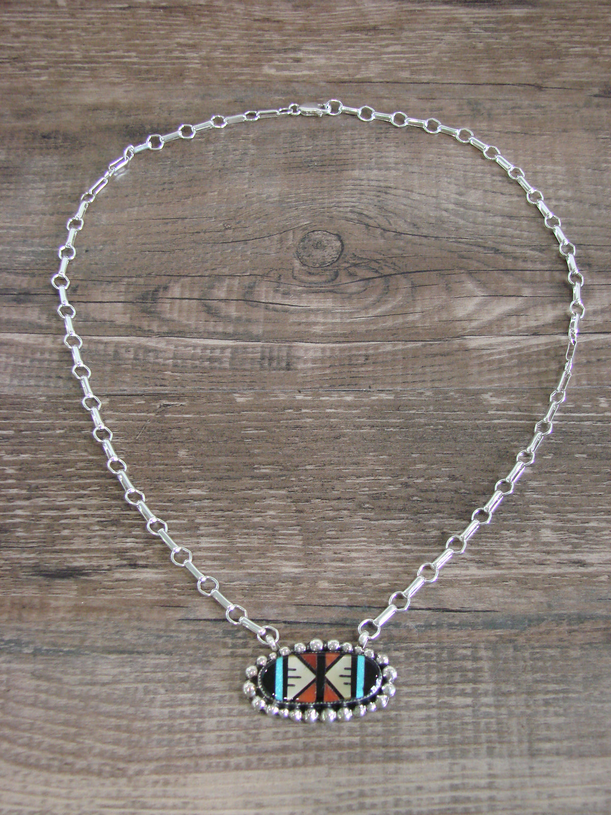 Native American Sterling Silver Multi Stone Inlay Link Necklace - Qualo