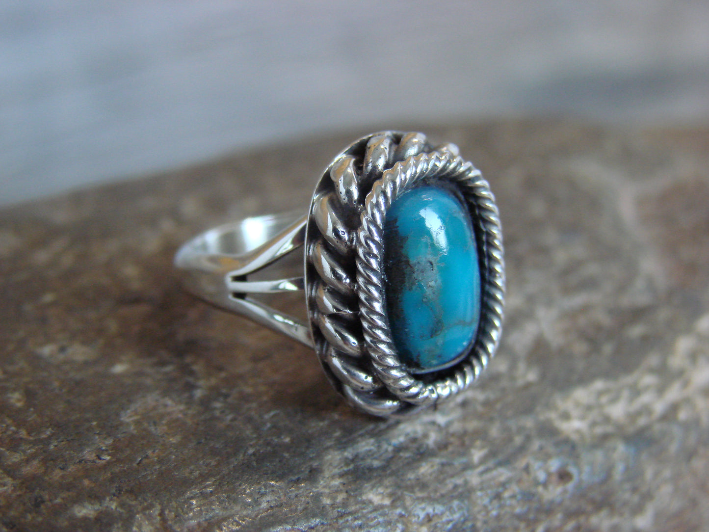 Native American Sterling Silver & Turquoise Shadow Box Ring - Martinez - Size 7