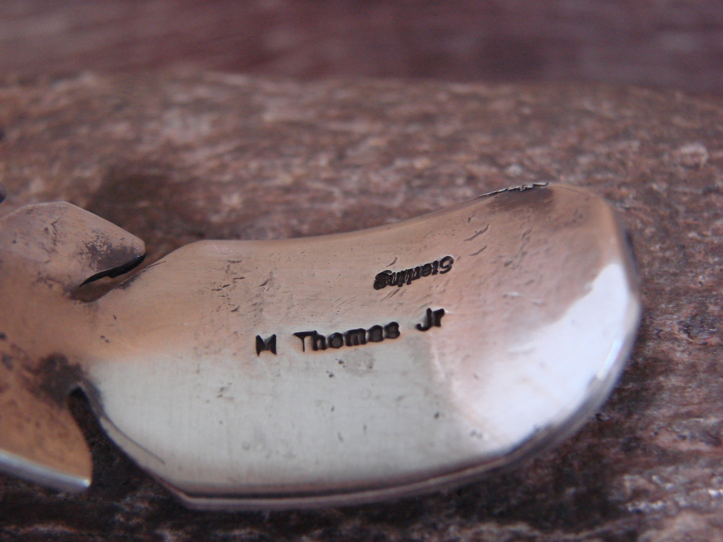 Native American Sterling Silver 3/4" Feather Bracelet Cuff Signed M. Thomas Jr.