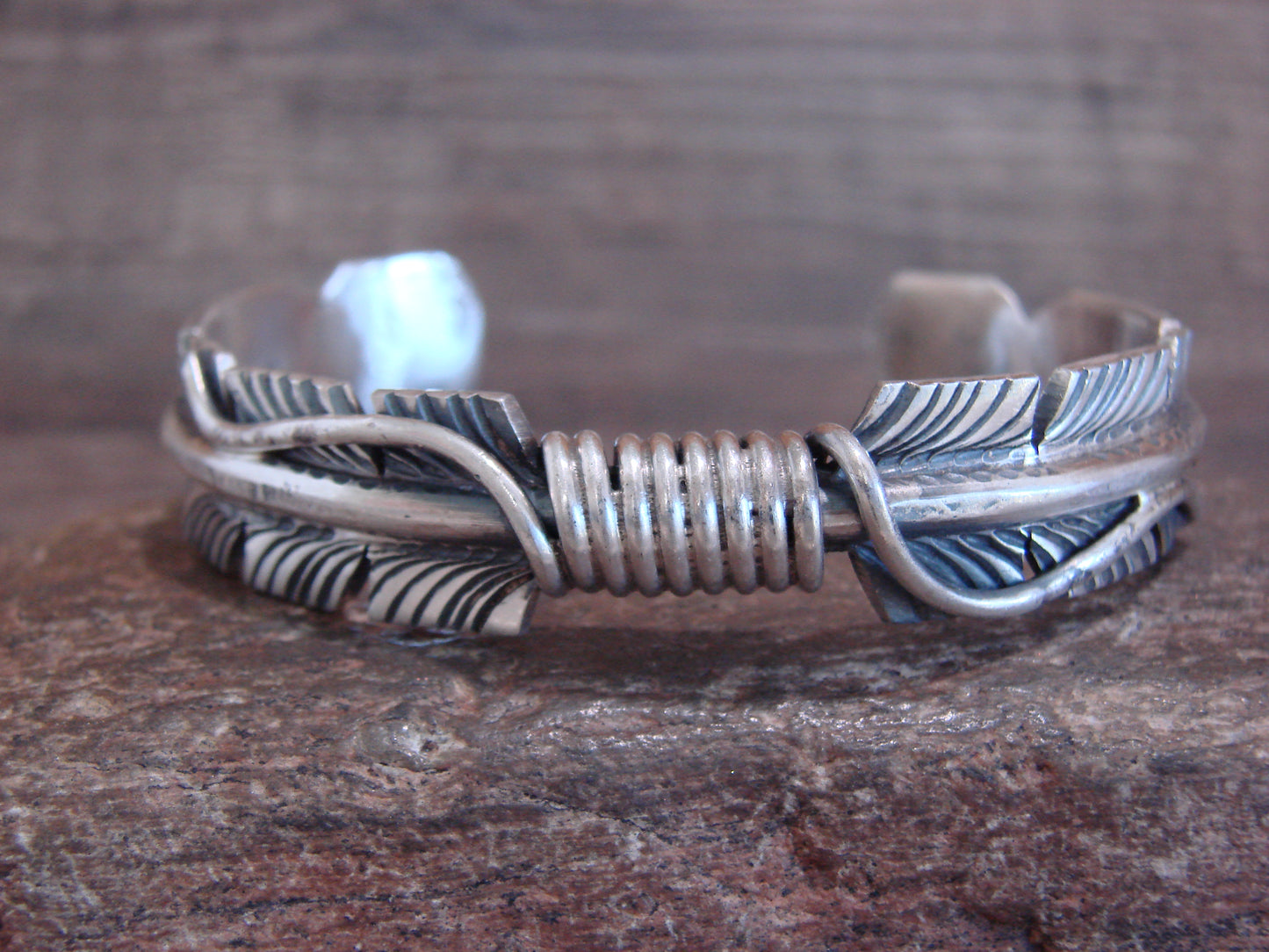 Native American Sterling Silver 1/2" Feather Bracelet Cuff Signed M. Thomas Jr.