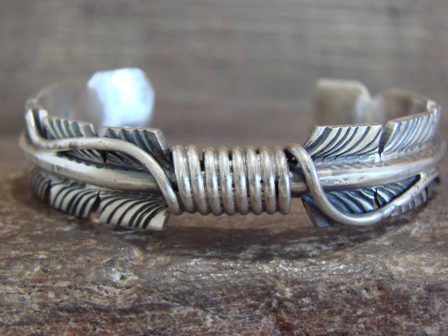 Native American Sterling Silver 1/2" Feather Bracelet Cuff Signed M. Thomas Jr.