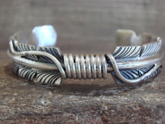 Native American Sterling Silver 1/2" Feather Bracelet Cuff Signed M. Thomas Jr.